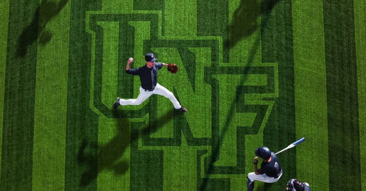 UNF baseball prospect camps in jacksonville fl. Photo shows player throwing a baseball on UNF's field.